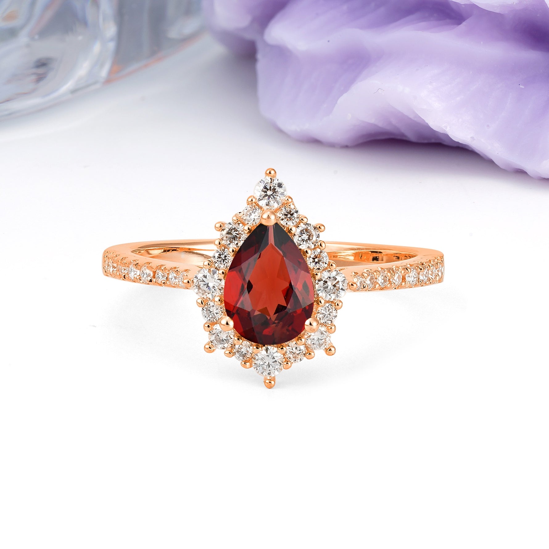 Classic Pavé-Set, Luxurious 3-Prong Pear-Cut Garnet Engagement Ring - Additional view