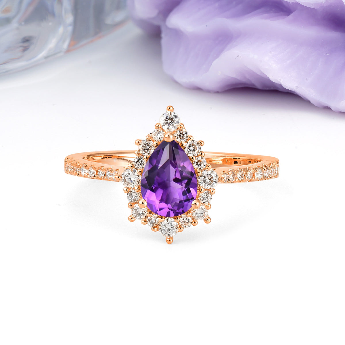 Classic Pavé-Set, Luxurious 3-Prong Pear-Cut Amethyst Engagement Ring - Additional view