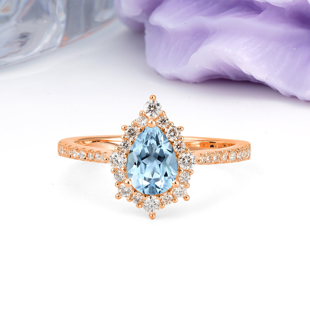 Classic Pavé-Set, Luxurious 3-Prong Pear-Cut Aquamarine Engagement Ring - Additional view