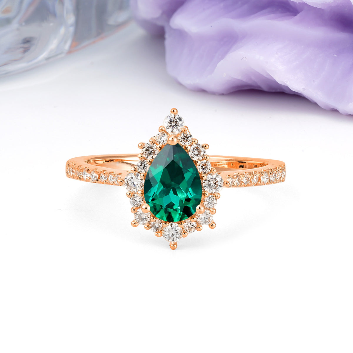 Classic Pavé-Set, Luxurious 3-Prong Pear-Cut Emerald Engagement Ring - Additional view