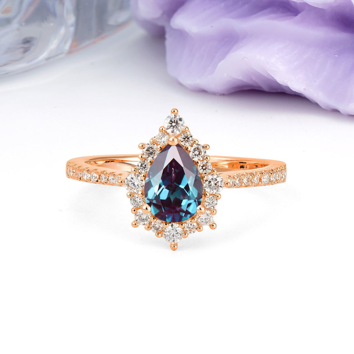 Classic Pavé-Set, Luxurious 3-Prong Pear-Cut Alexandrite Engagement Ring - Additional view
