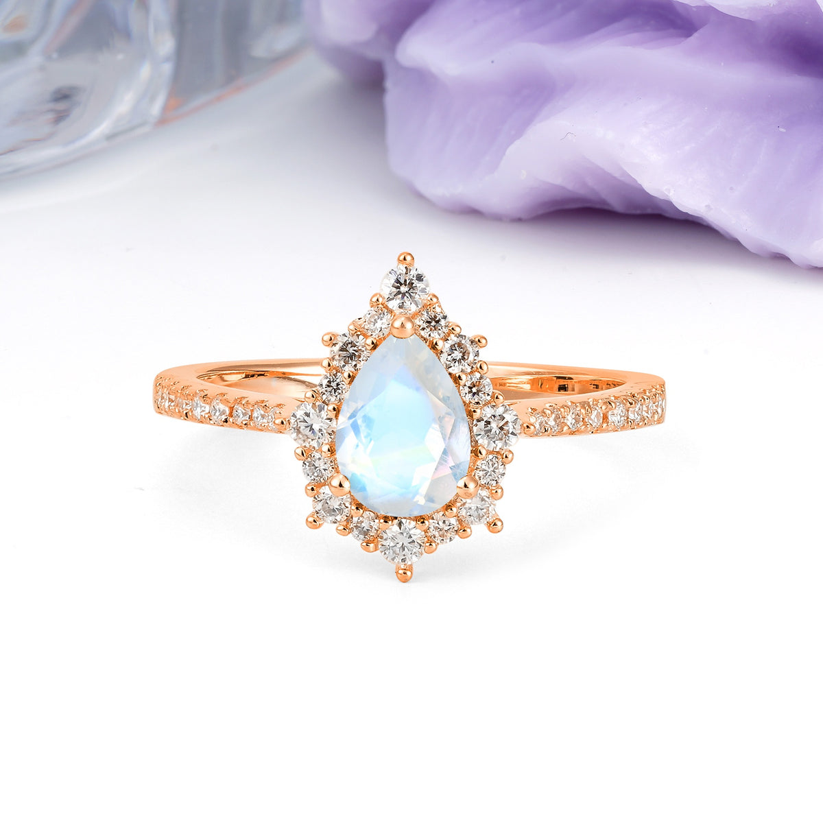 Classic Pavé-Set, Luxurious 3-Prong Pear-Cut Moonstone Engagement Ring - Additional view