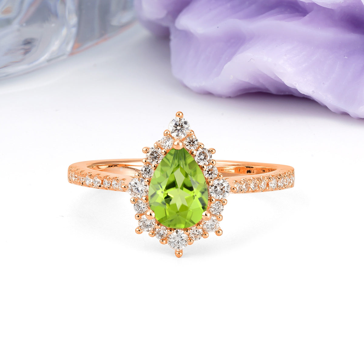 Classic Pavé-Set, Luxurious 3-Prong Pear-Cut Peridot Engagement Ring - Additional view