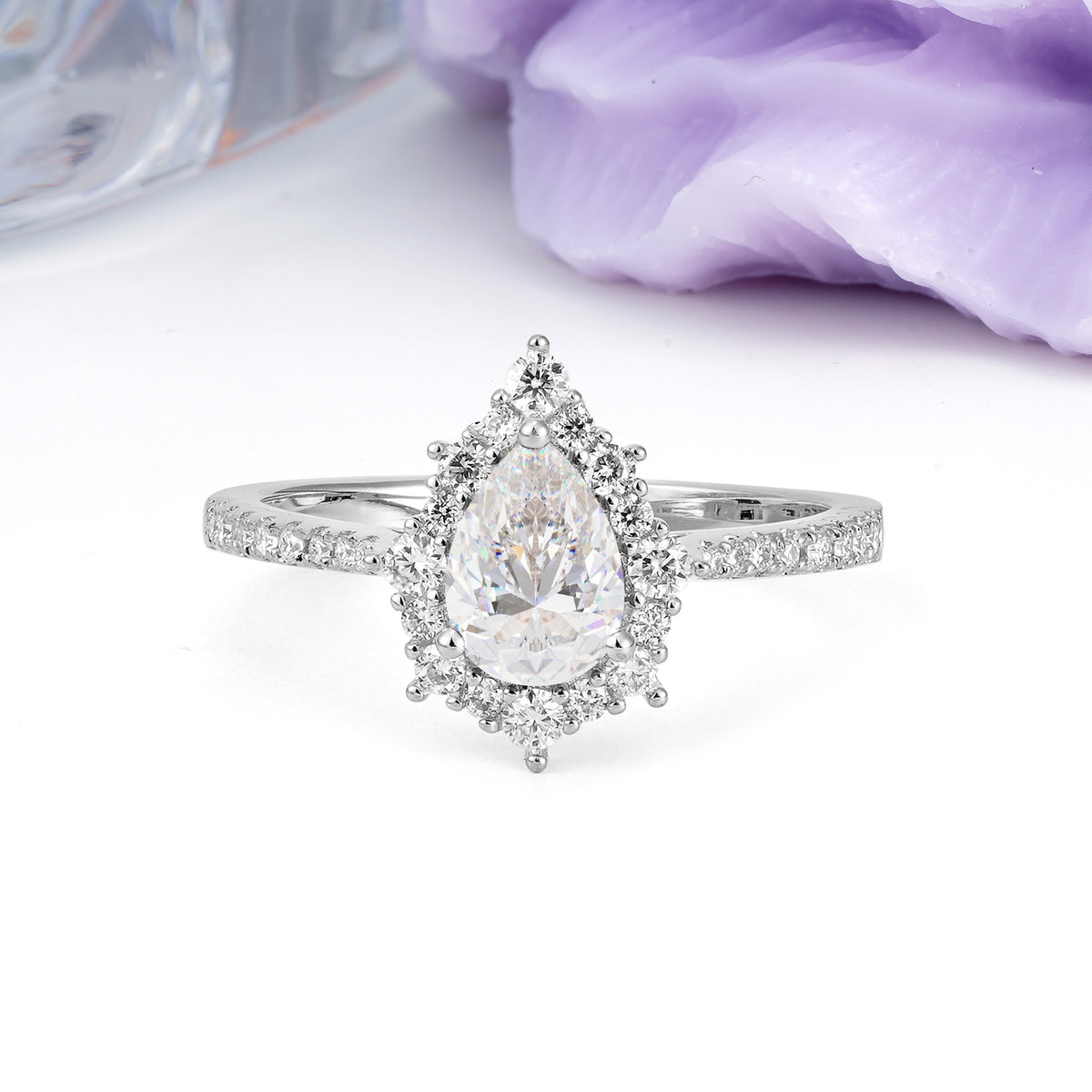 Classic Pavé-Set, Luxurious 3-Prong Pear-Cut Moissanite Engagement Ring - Additional view