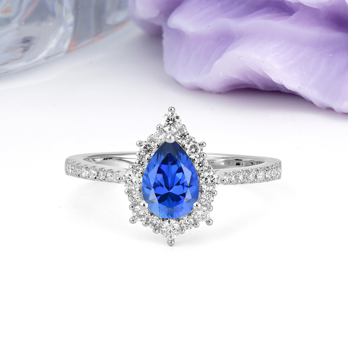Classic Pavé-Set, Luxurious 3-Prong Pear-Cut Sapphire Engagement Ring - Additional view