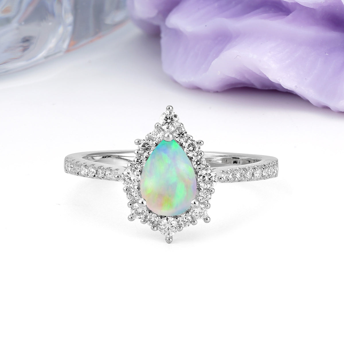 Classic Pavé-Set, Luxurious 3-Prong Pear-Cut Fire Opal Engagement Ring - Additional view