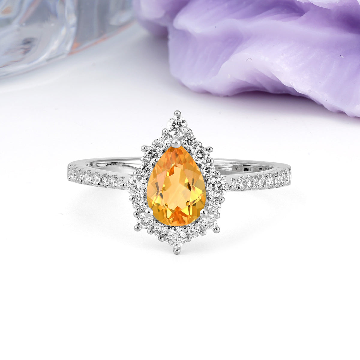 Classic Pavé-Set, Luxurious 3-Prong Pear-Cut Citrine Engagement Ring - Additional view
