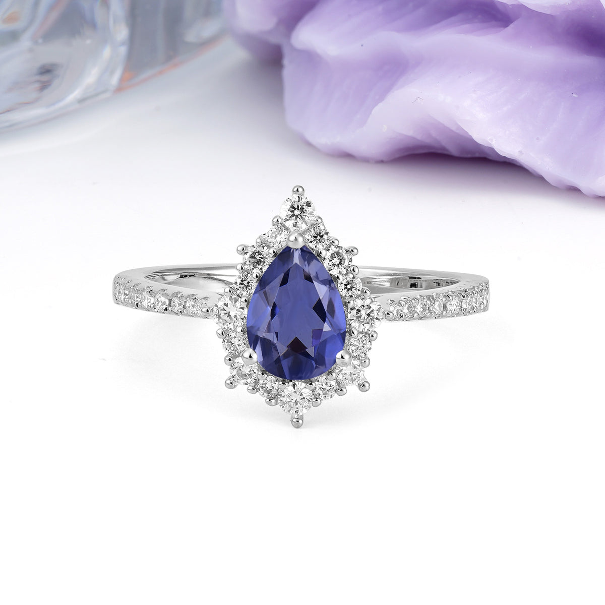 Classic Pavé-Set, Luxurious 3-Prong Pear-Cut Tanzanite Engagement Ring - Additional view
