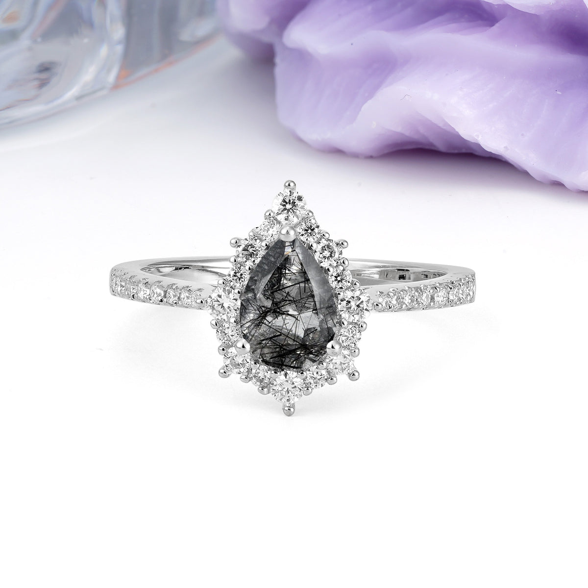 Classic Pavé-Set, Luxurious 3-Prong Pear-Cut Black Rutilated Quartz Engagement Ring - Additional view