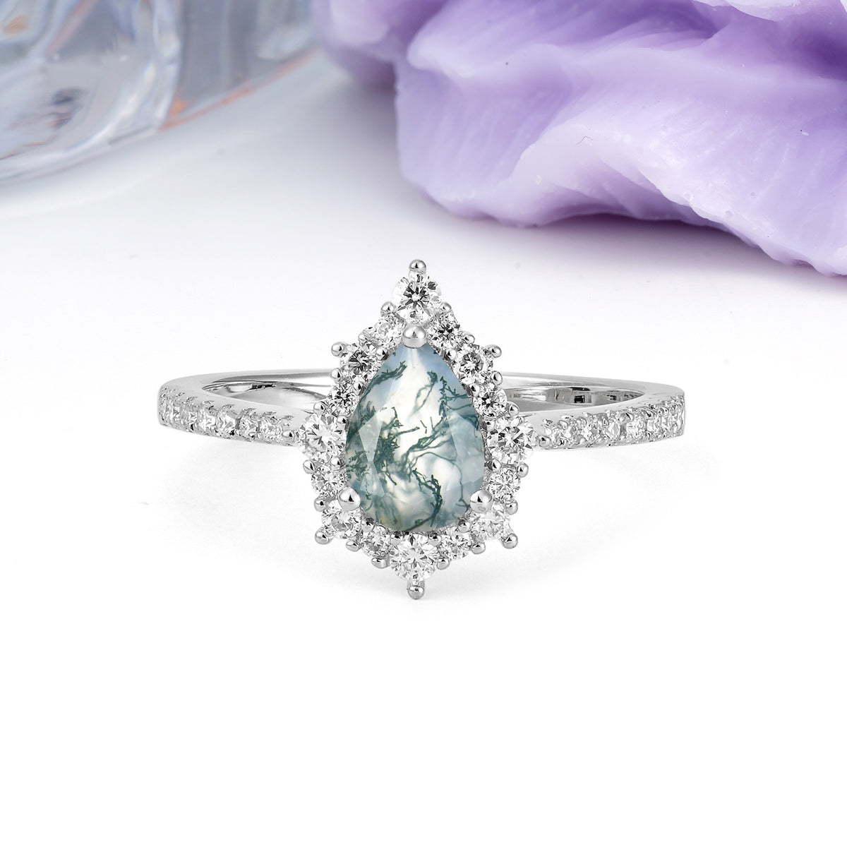Classic Pavé-Set, Luxurious 3-Prong Pear-Cut Moss Agate Engagement Ring - Additional view
