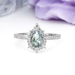 Classic Pavé-Set, Luxurious 3-Prong Pear-Cut Moss Agate Engagement Ring - Additional view