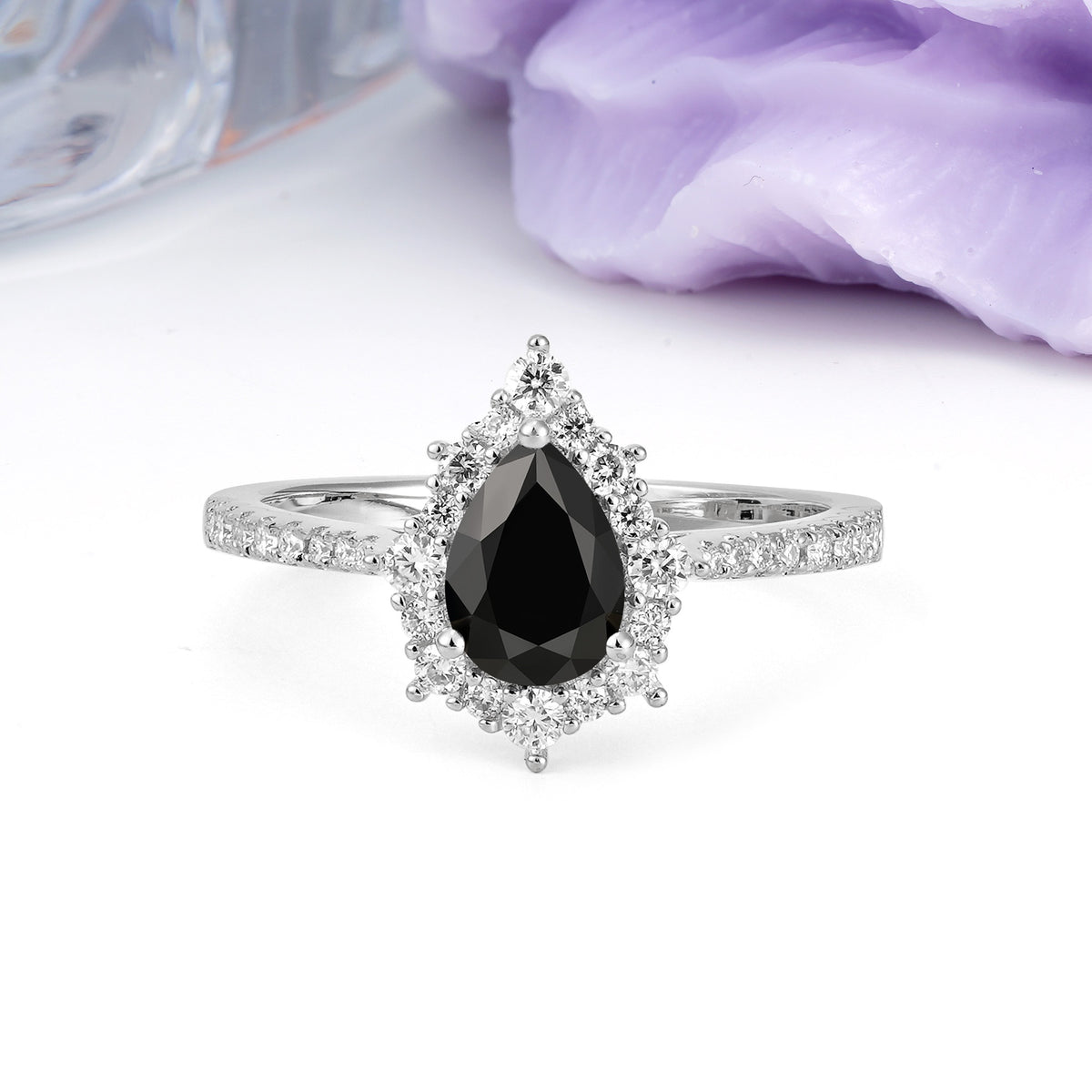 Classic Pavé-Set, Luxurious 3-Prong Pear-Cut Black Onyx Engagement Ring - Additional view