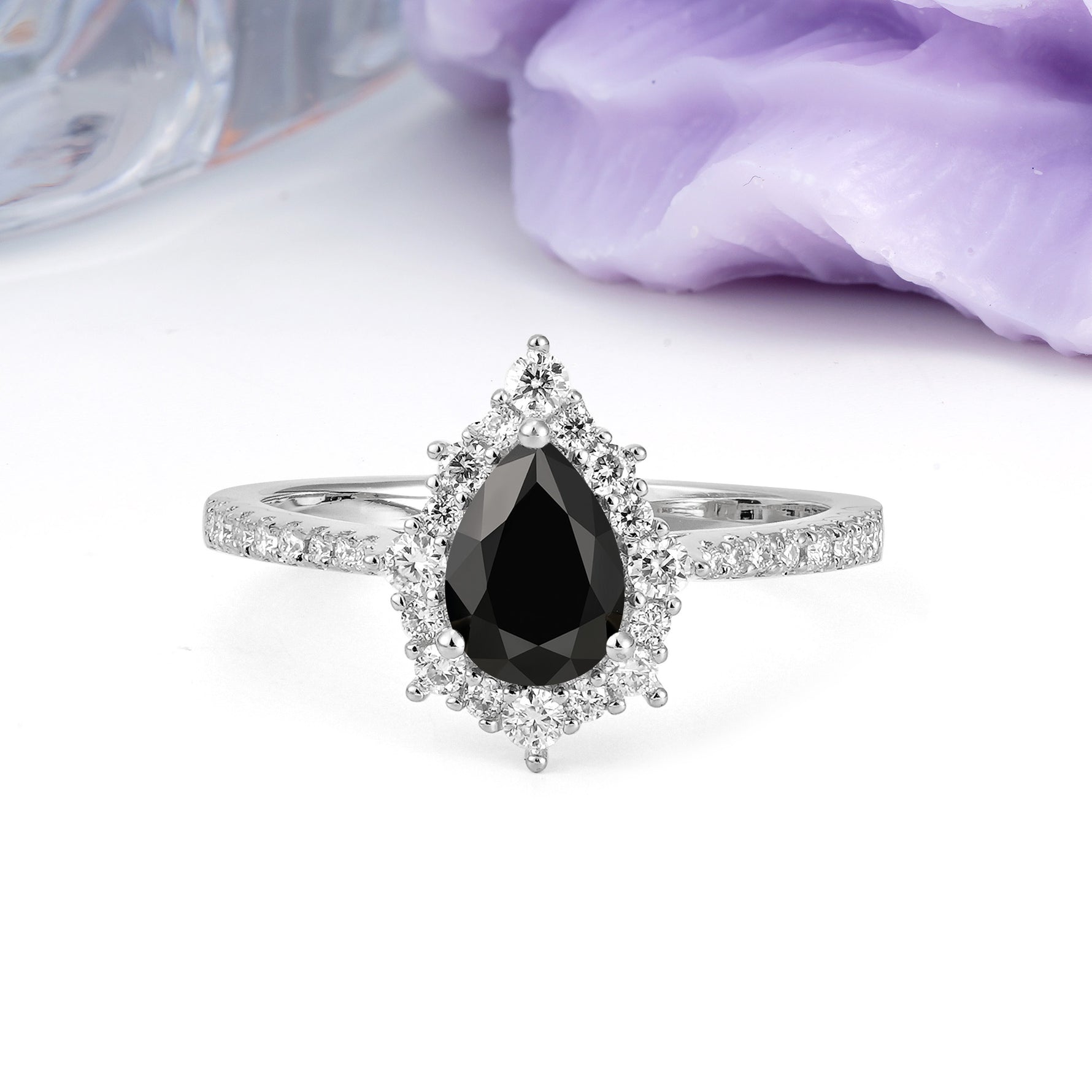 Classic Pavé-Set, Luxurious 3-Prong Pear-Cut Black Onyx Engagement Ring - Additional view