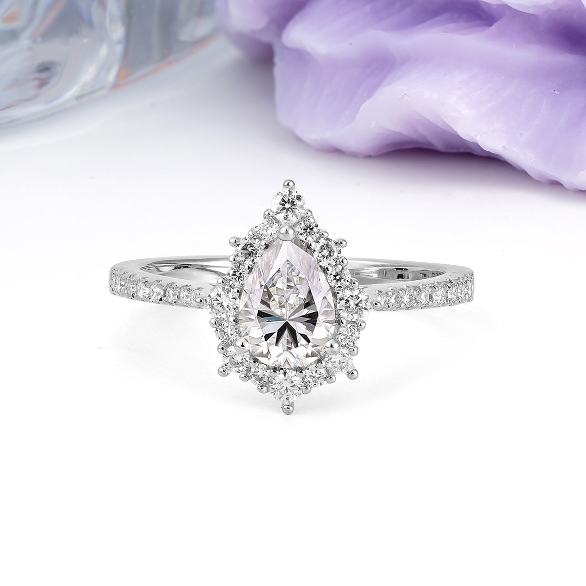 Classic Pavé-Set, Luxurious 3-Prong Pear-Cut Lab Diamond Engagement Ring - Additional view