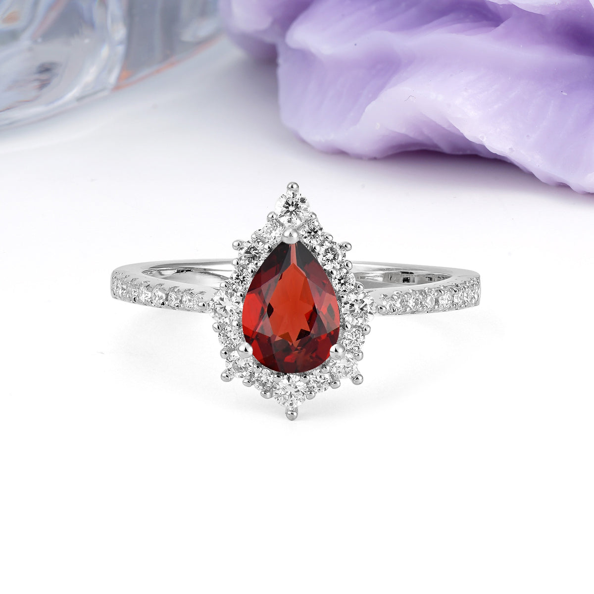 Classic Pavé-Set, Luxurious 3-Prong Pear-Cut Garnet Engagement Ring - Additional view