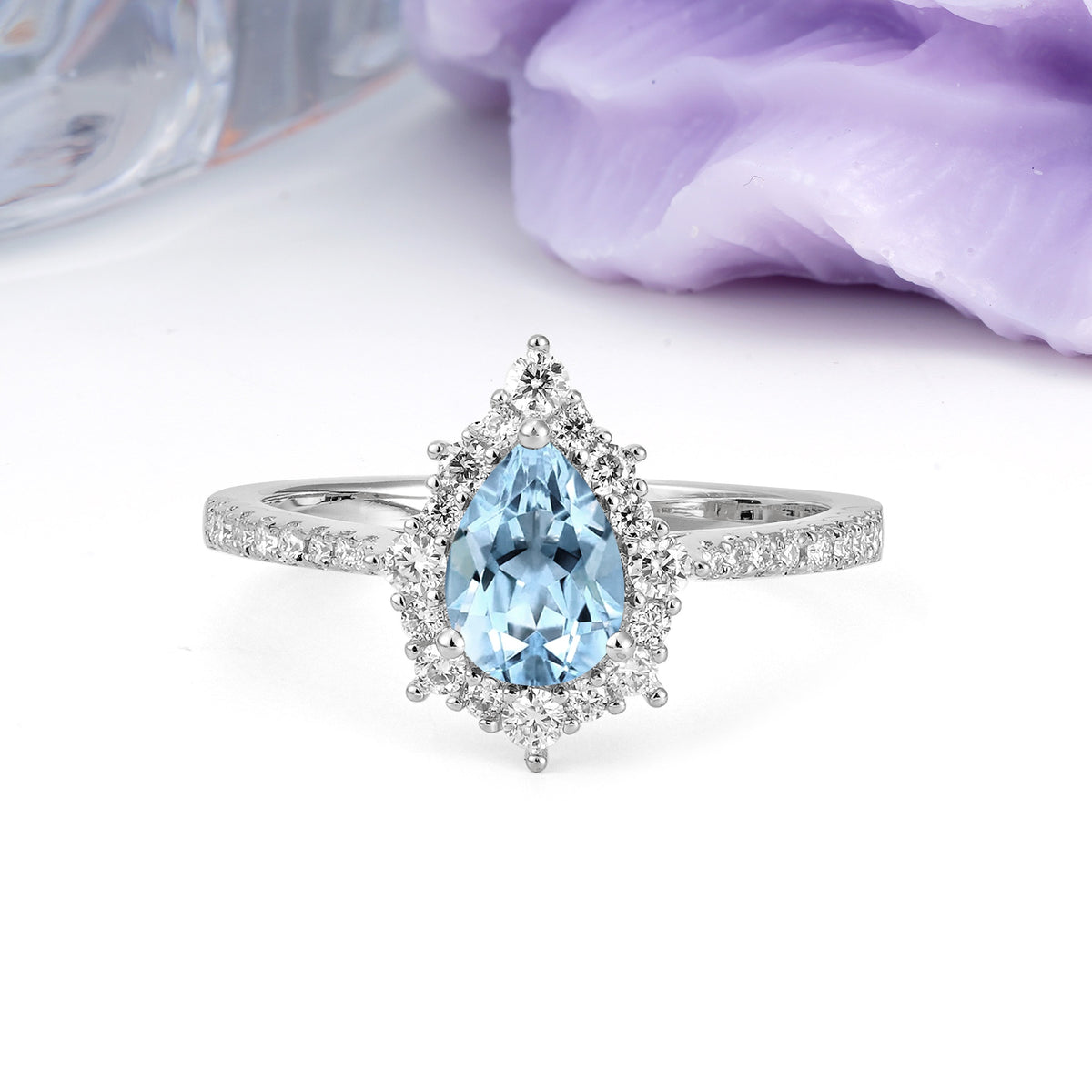 Classic Pavé-Set, Luxurious 3-Prong Pear-Cut Aquamarine Engagement Ring - Additional view
