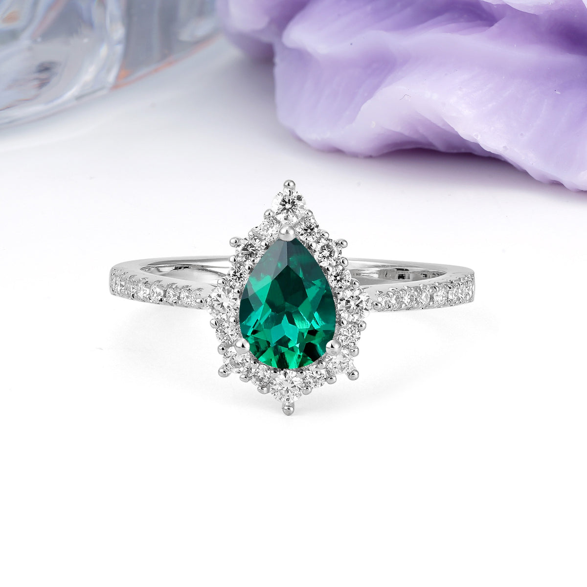 Classic Pavé-Set, Luxurious 3-Prong Pear-Cut Emerald Engagement Ring - Additional view