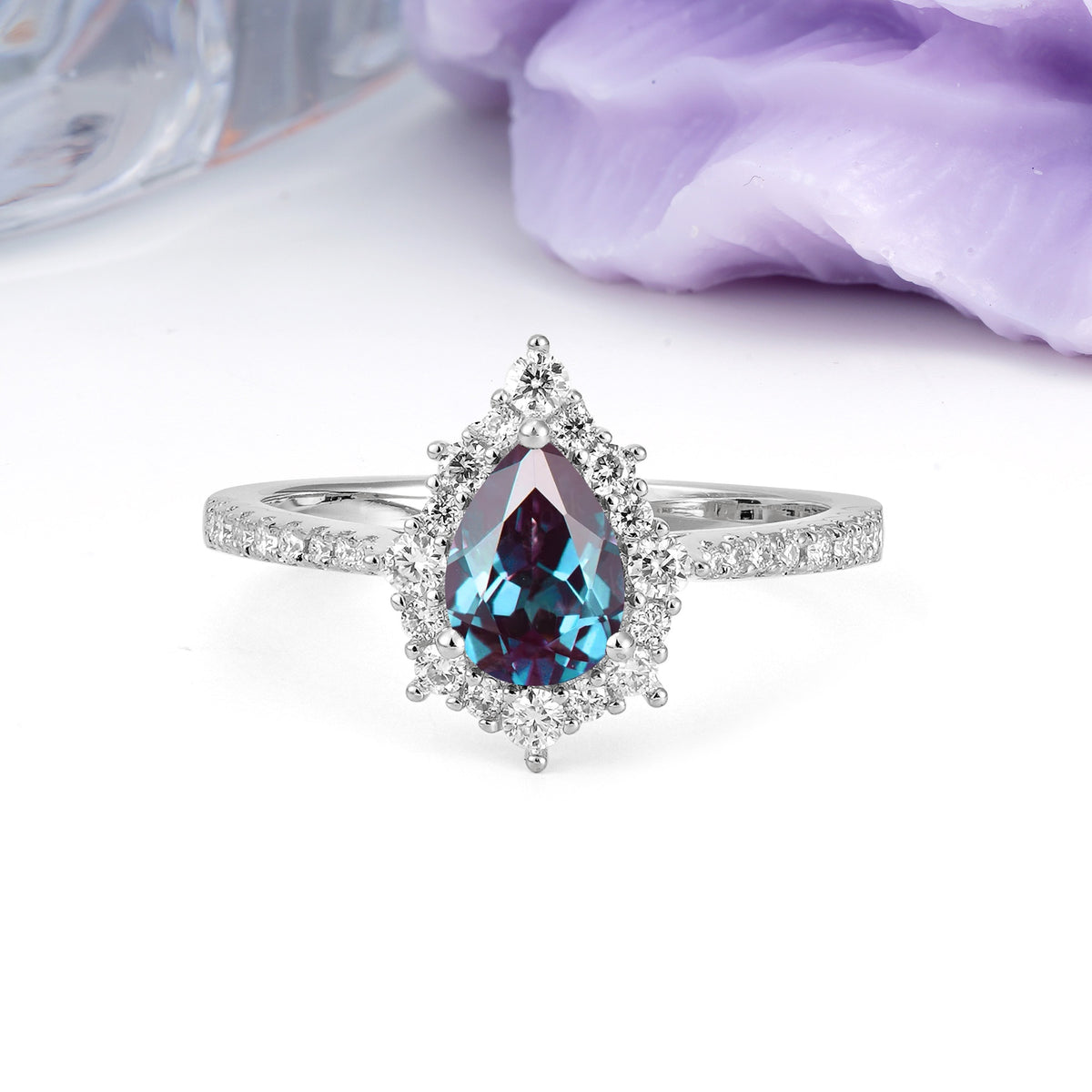 Classic Pavé-Set, Luxurious 3-Prong Pear-Cut Alexandrite Engagement Ring - Additional view