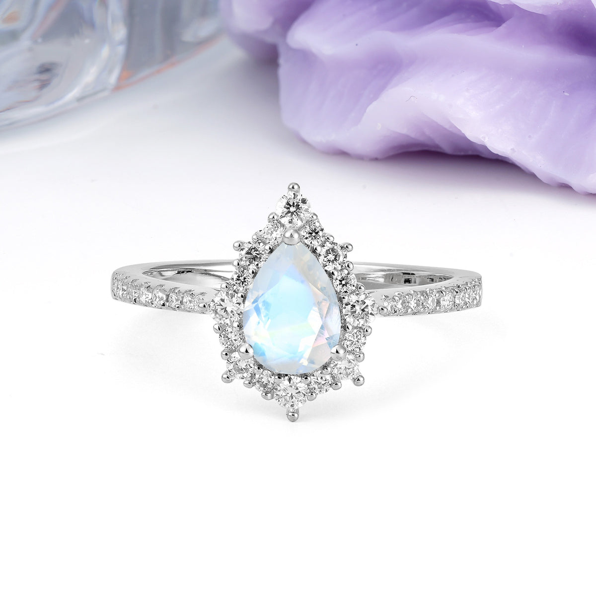 Classic Pavé-Set, Luxurious 3-Prong Pear-Cut Moonstone Engagement Ring - Additional view