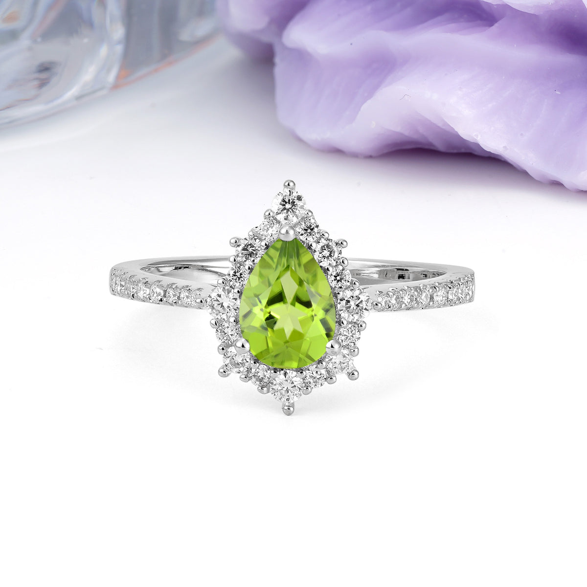 Classic Pavé-Set, Luxurious 3-Prong Pear-Cut Peridot Engagement Ring - Additional view
