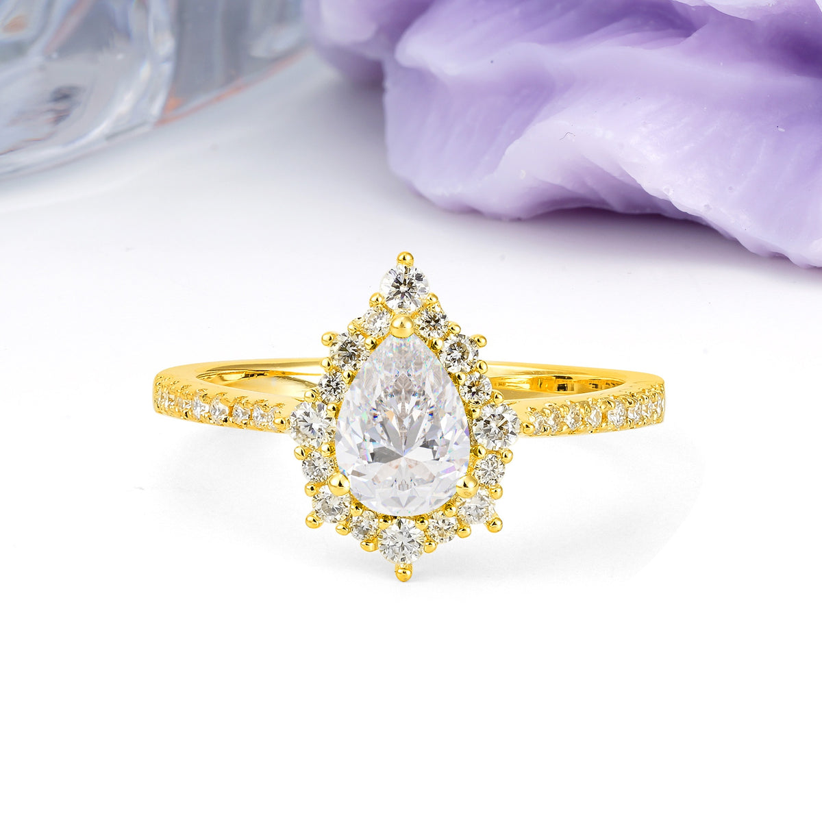 Classic Pavé-Set, Luxurious 3-Prong Pear-Cut Moissanite Engagement Ring - Additional view