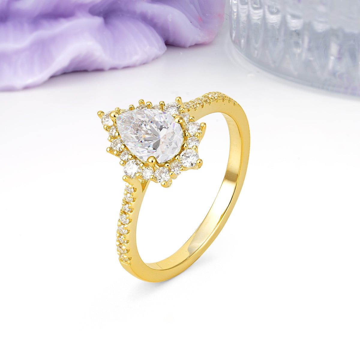 Classic Pavé-Set, Luxurious 3-Prong Pear-Cut Moissanite Engagement Ring - Additional view