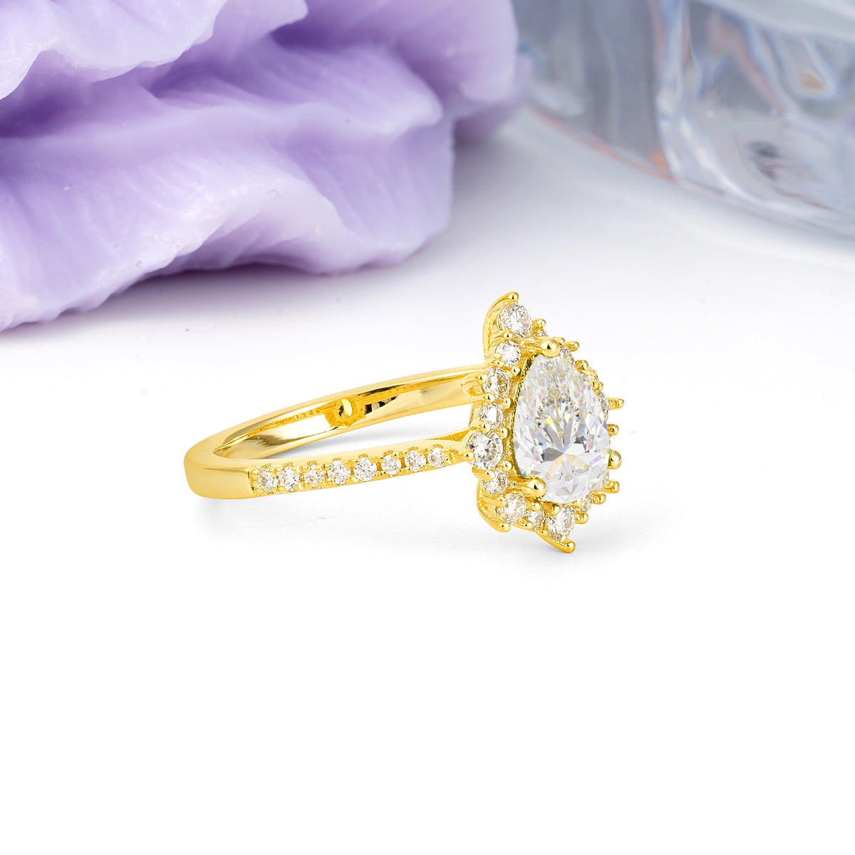 Classic Pavé-Set, Luxurious 3-Prong Pear-Cut Moissanite Engagement Ring - Additional view