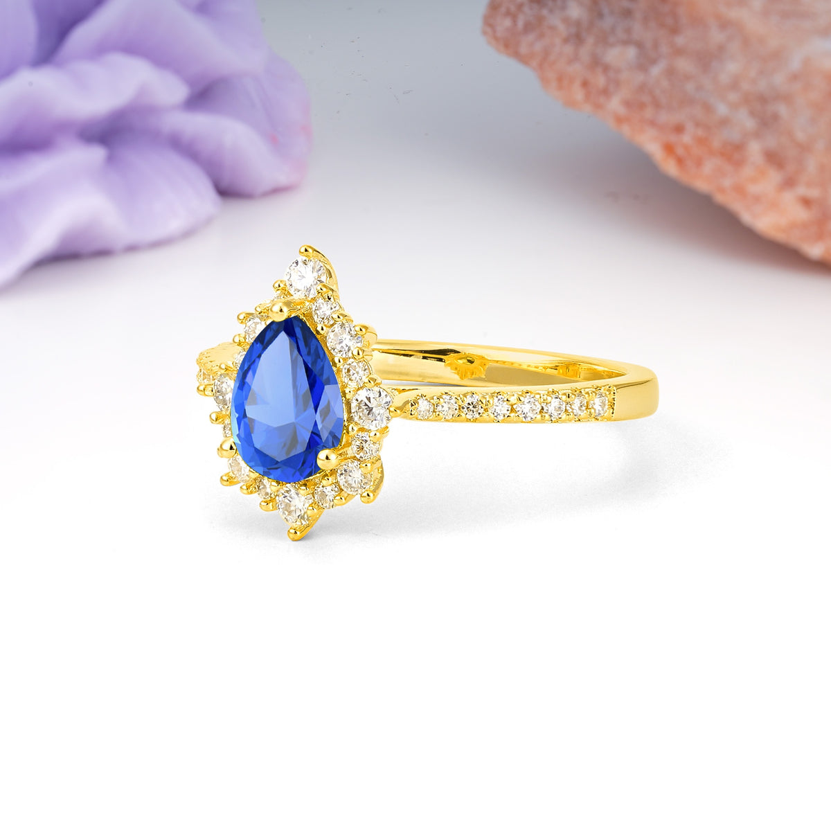 Classic Pavé-Set, Luxurious 3-Prong Pear-Cut Sapphire Engagement Ring - Additional view