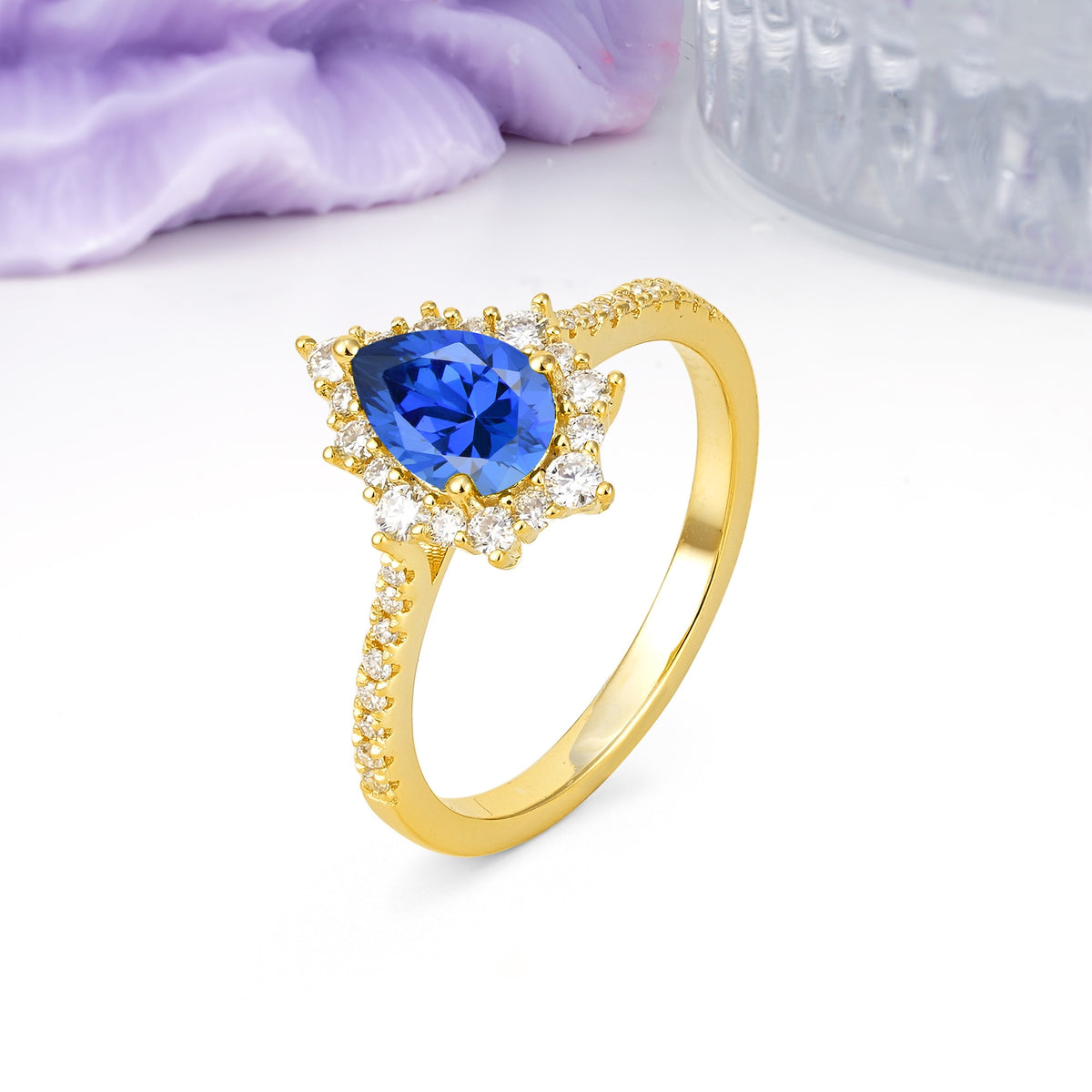 Classic Pavé-Set, Luxurious 3-Prong Pear-Cut Sapphire Engagement Ring - Additional view