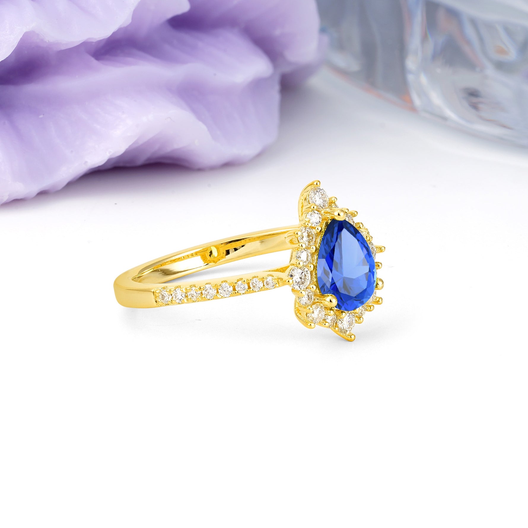 Classic Pavé-Set, Luxurious 3-Prong Pear-Cut Sapphire Engagement Ring - Additional view