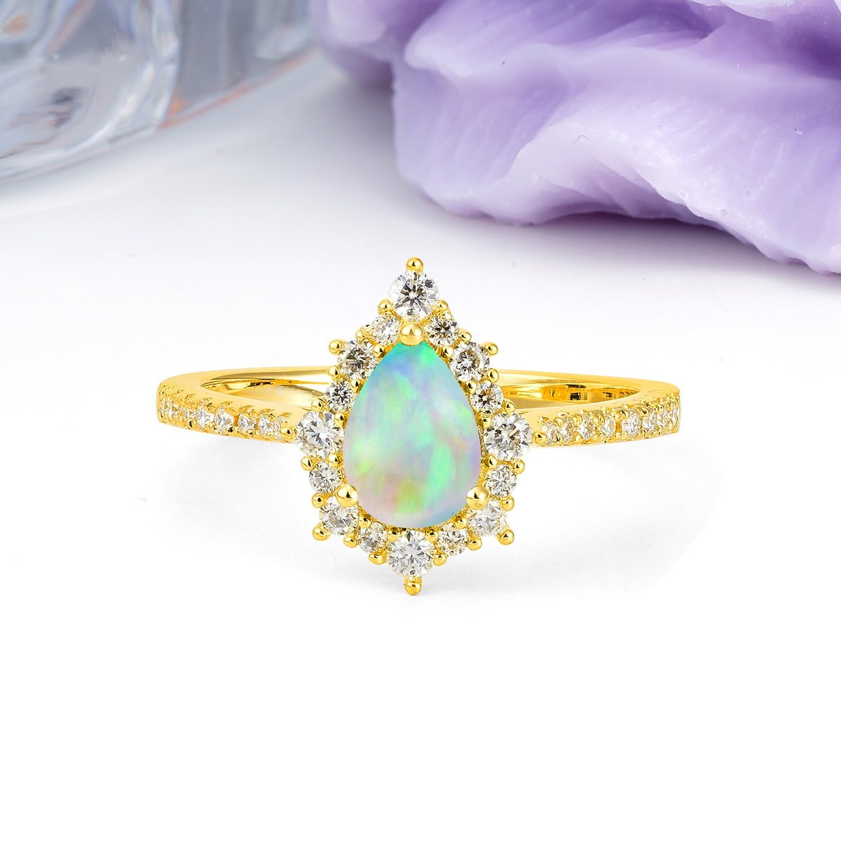 Classic Pavé-Set, Luxurious 3-Prong Pear-Cut Fire Opal Engagement Ring - Additional view