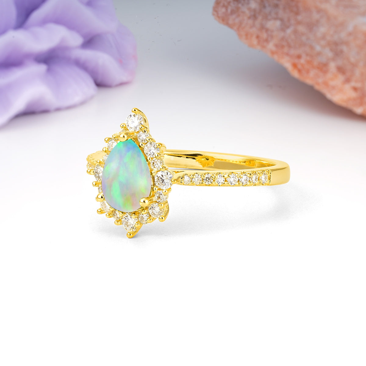 Classic Pavé-Set, Luxurious 3-Prong Pear-Cut Fire Opal Engagement Ring - Additional view