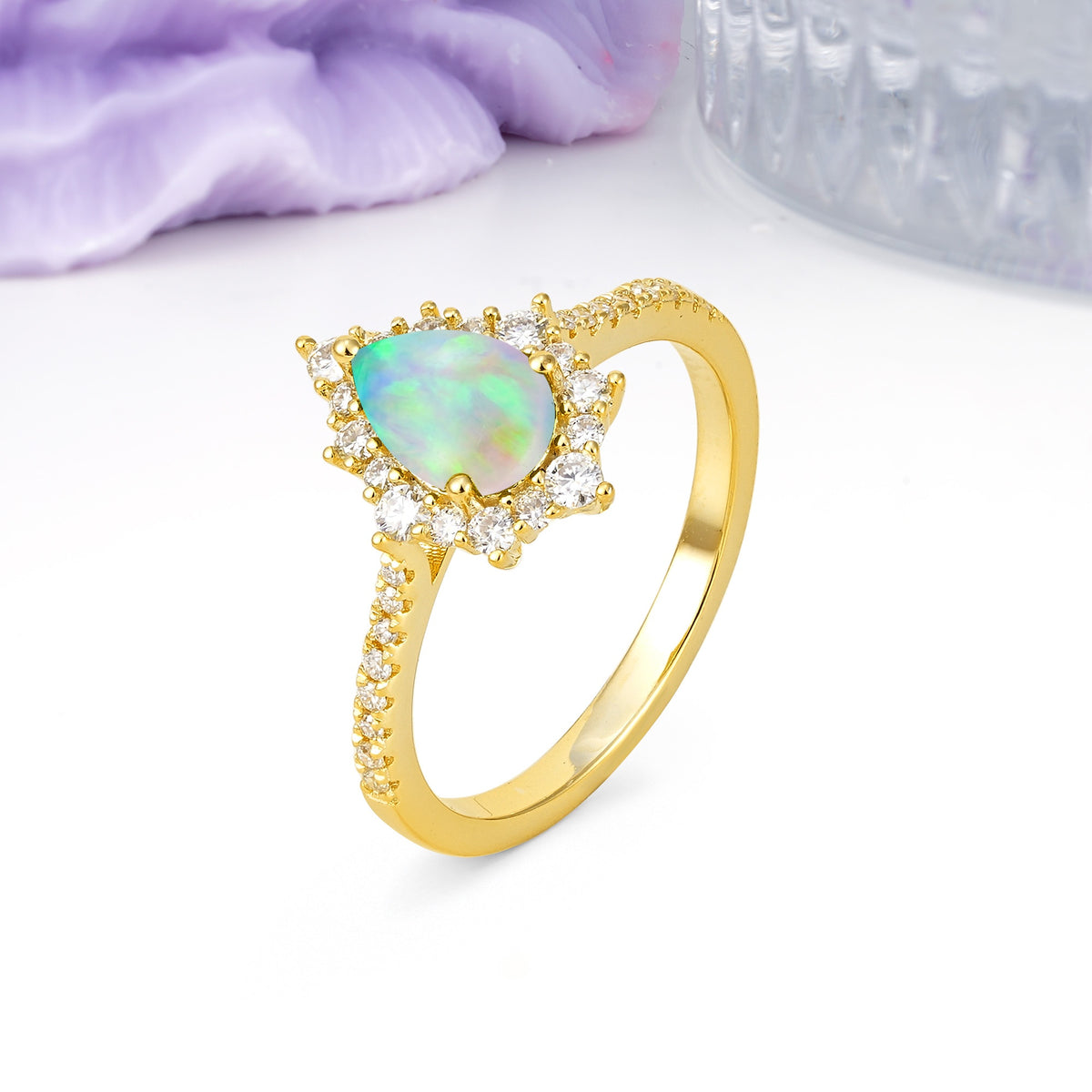 Classic Pavé-Set, Luxurious 3-Prong Pear-Cut Fire Opal Engagement Ring - Additional view