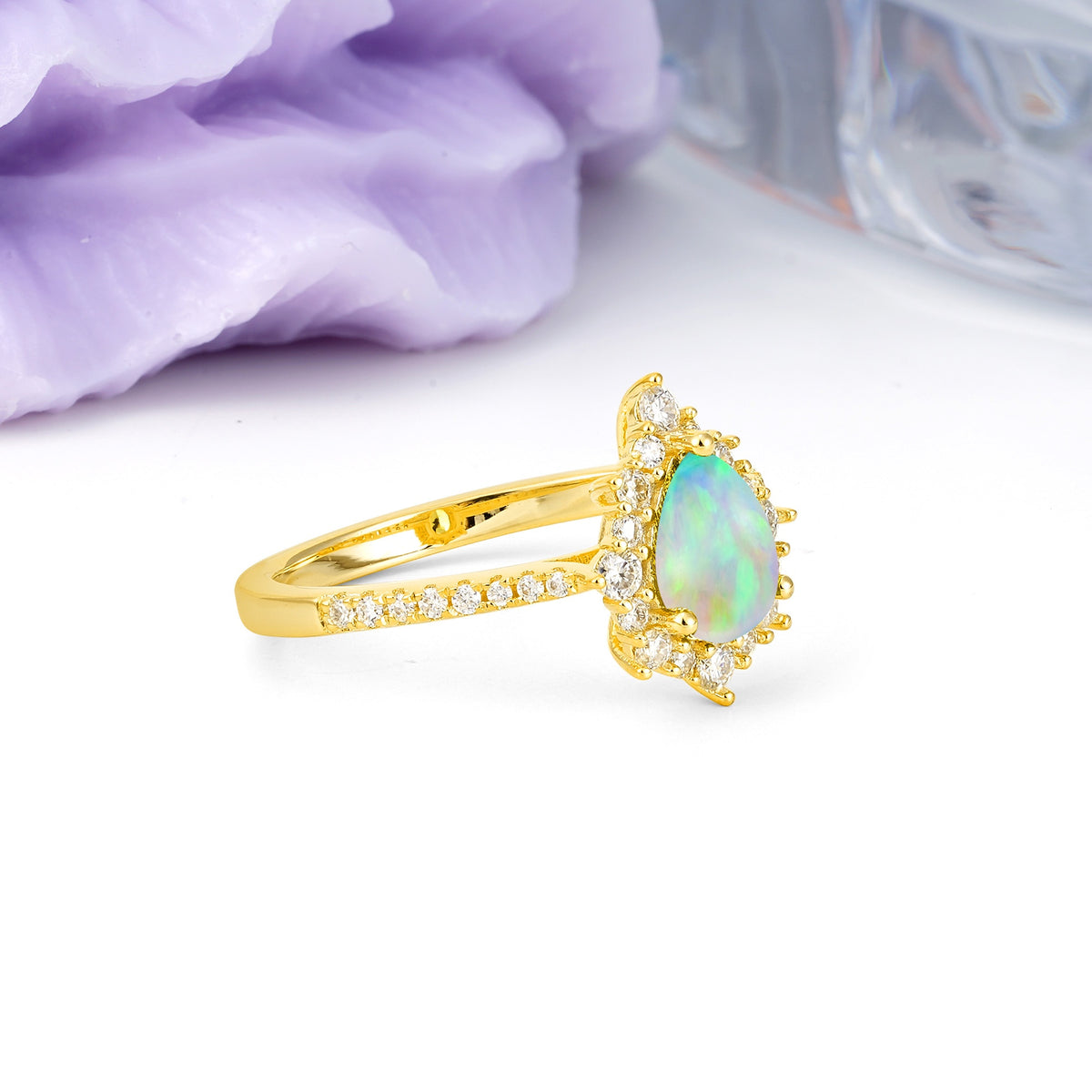 Classic Pavé-Set, Luxurious 3-Prong Pear-Cut Fire Opal Engagement Ring - Additional view