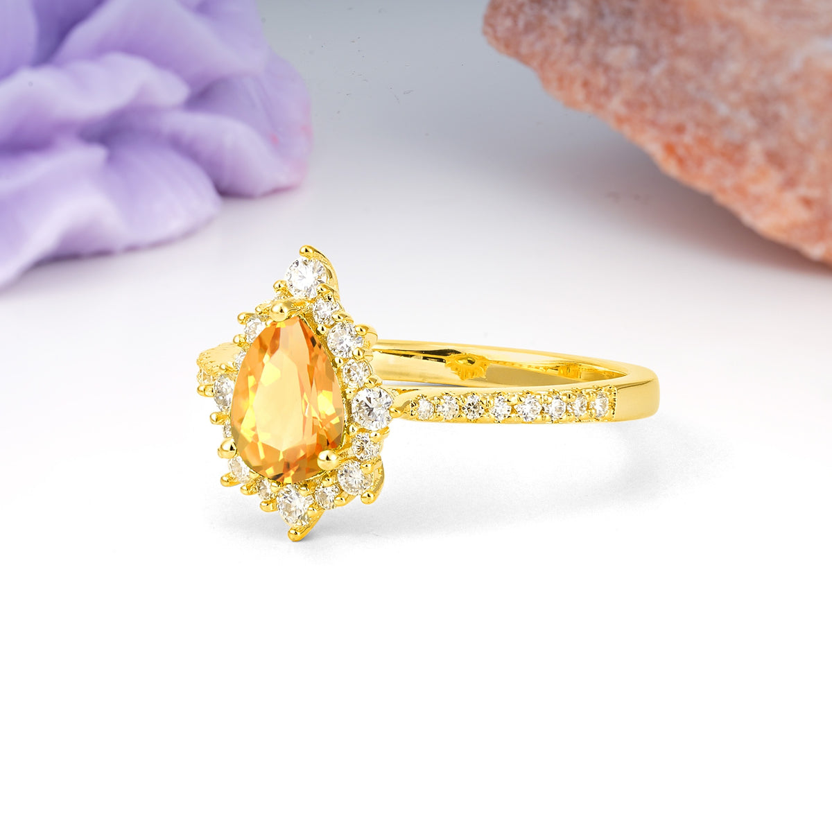 Classic Pavé-Set, Luxurious 3-Prong Pear-Cut Citrine Engagement Ring - Additional view