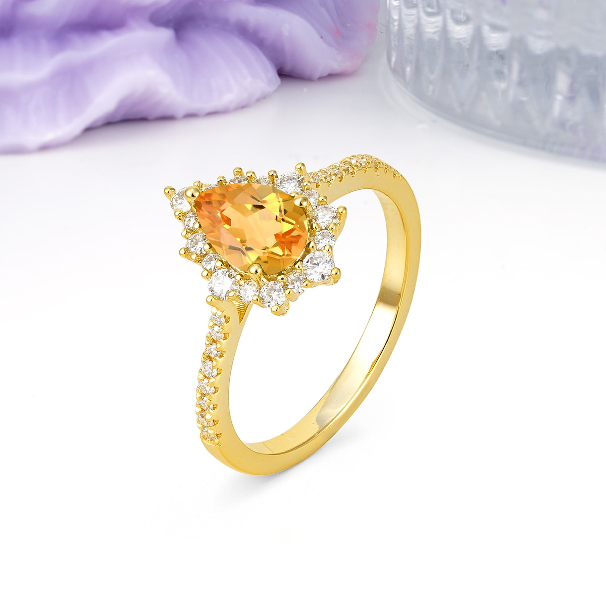 Classic Pavé-Set, Luxurious 3-Prong Pear-Cut Citrine Engagement Ring - Additional view