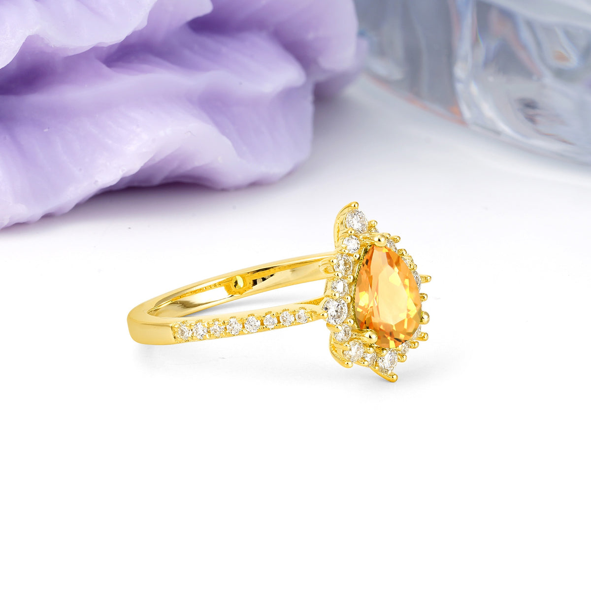Classic Pavé-Set, Luxurious 3-Prong Pear-Cut Citrine Engagement Ring - Additional view