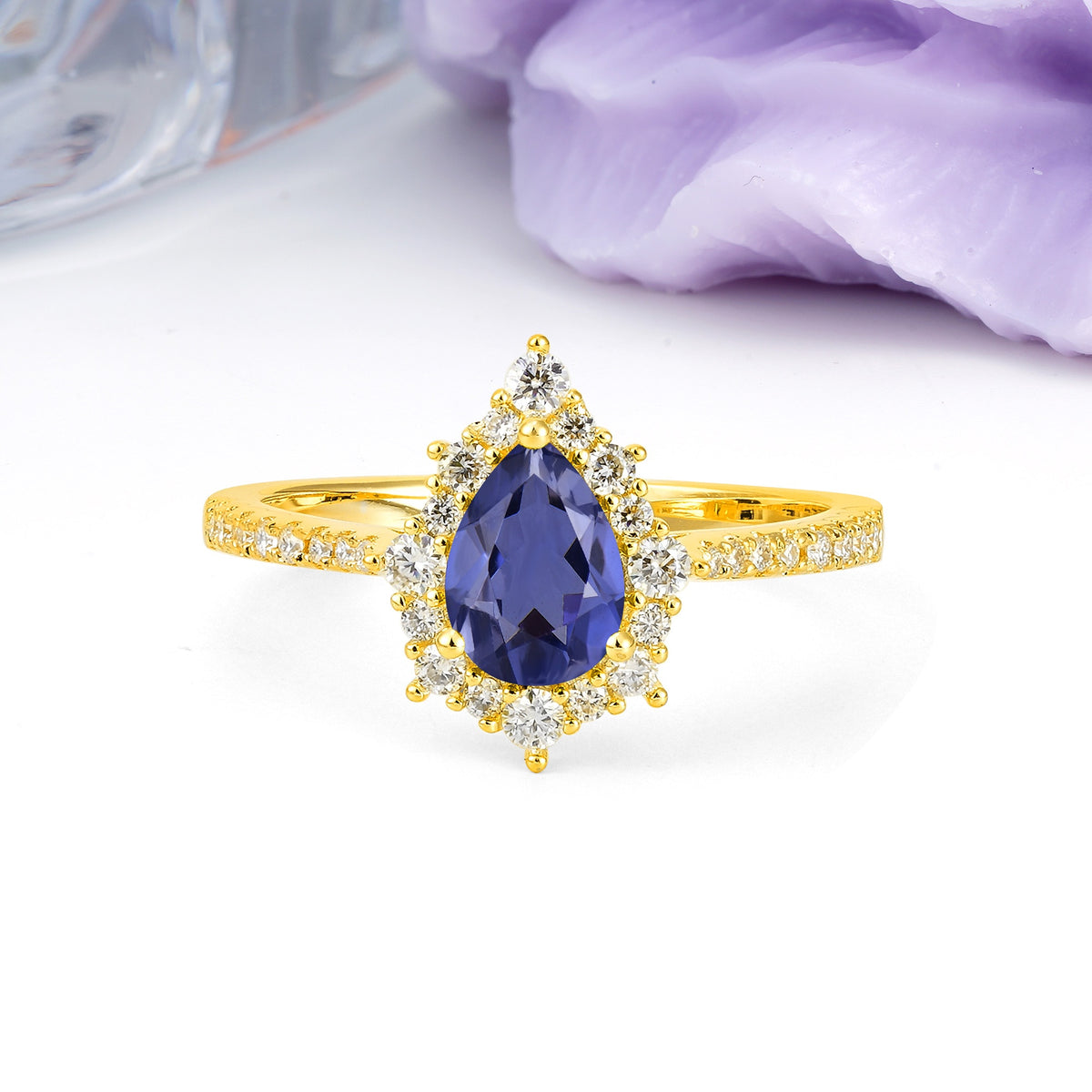 Classic Pavé-Set, Luxurious 3-Prong Pear-Cut Tanzanite Engagement Ring - Additional view