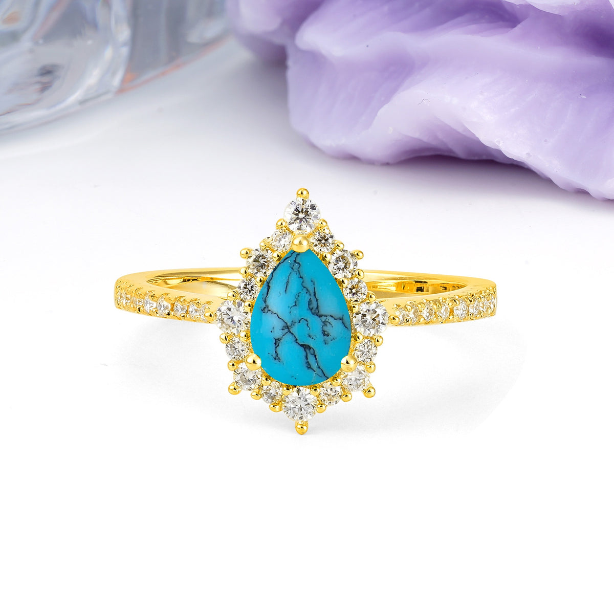 Classic Pavé-Set, Luxurious 3-Prong Pear-Cut Turquoise Engagement Ring - Additional view
