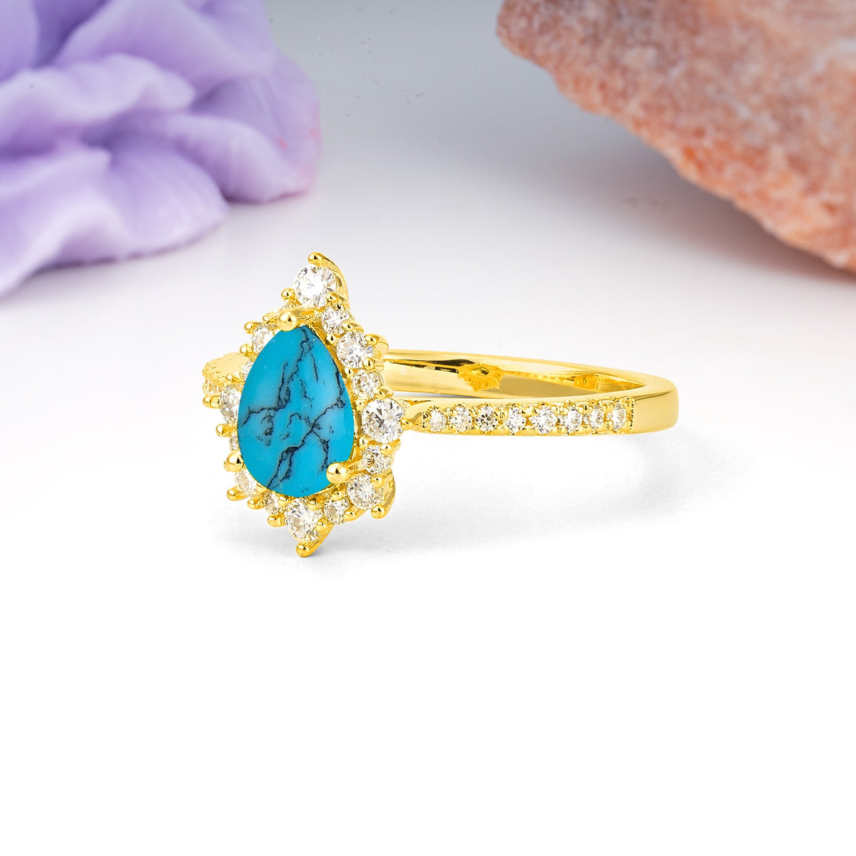 Classic Pavé-Set, Luxurious 3-Prong Pear-Cut Turquoise Engagement Ring - Additional view