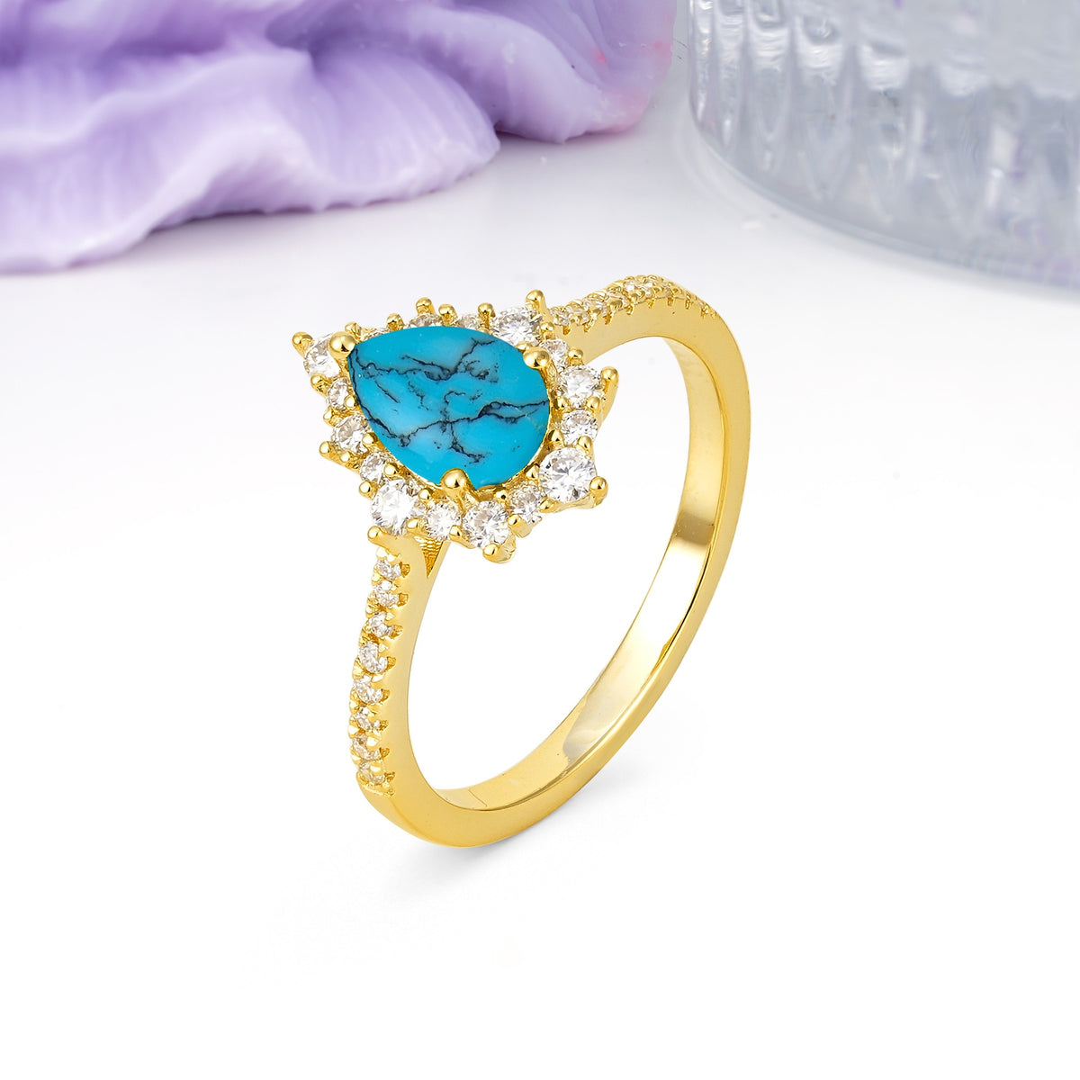 Classic Pavé-Set, Luxurious 3-Prong Pear-Cut Turquoise Engagement Ring - Additional view