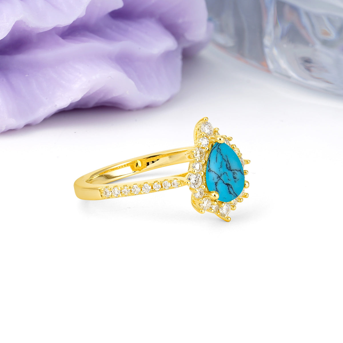 Classic Pavé-Set, Luxurious 3-Prong Pear-Cut Turquoise Engagement Ring - Additional view