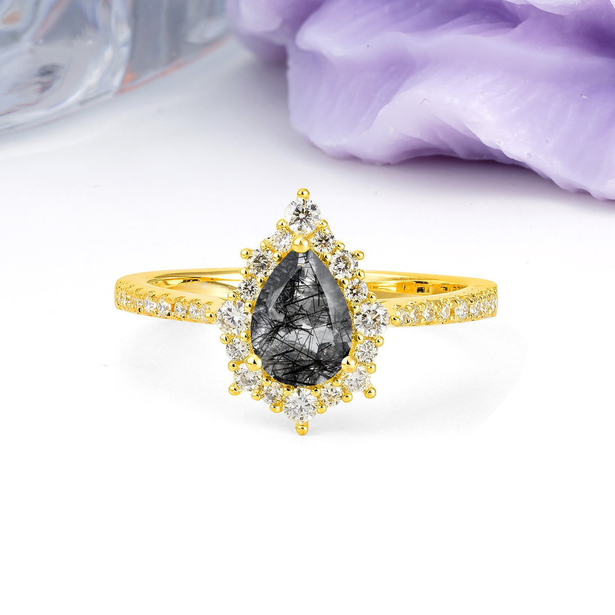 Classic Pavé-Set, Luxurious 3-Prong Pear-Cut Black Rutilated Quartz Engagement Ring - Additional view