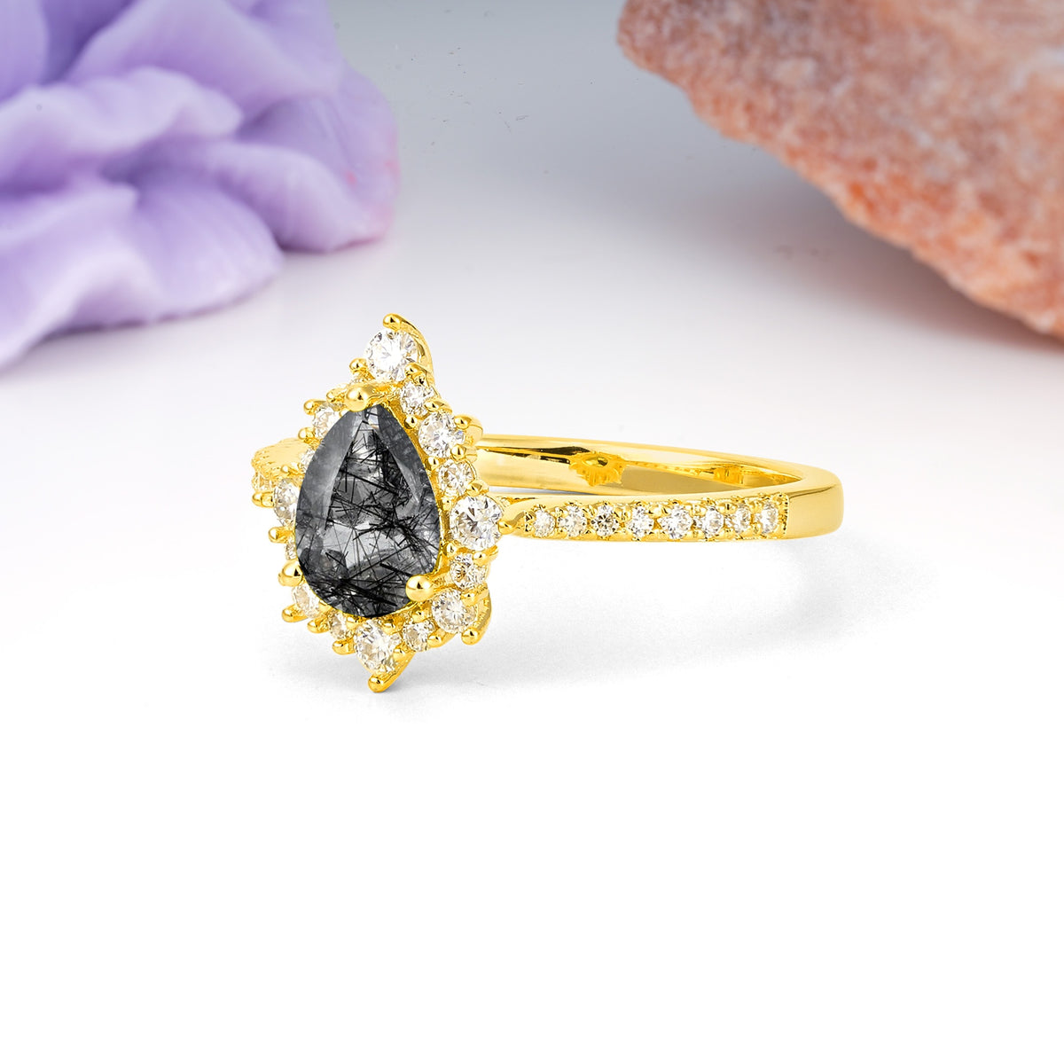 Classic Pavé-Set, Luxurious 3-Prong Pear-Cut Black Rutilated Quartz Engagement Ring - Additional view