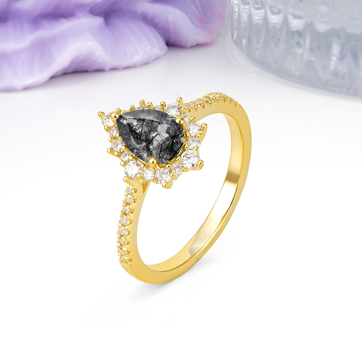 Classic Pavé-Set, Luxurious 3-Prong Pear-Cut Black Rutilated Quartz Engagement Ring - Additional view