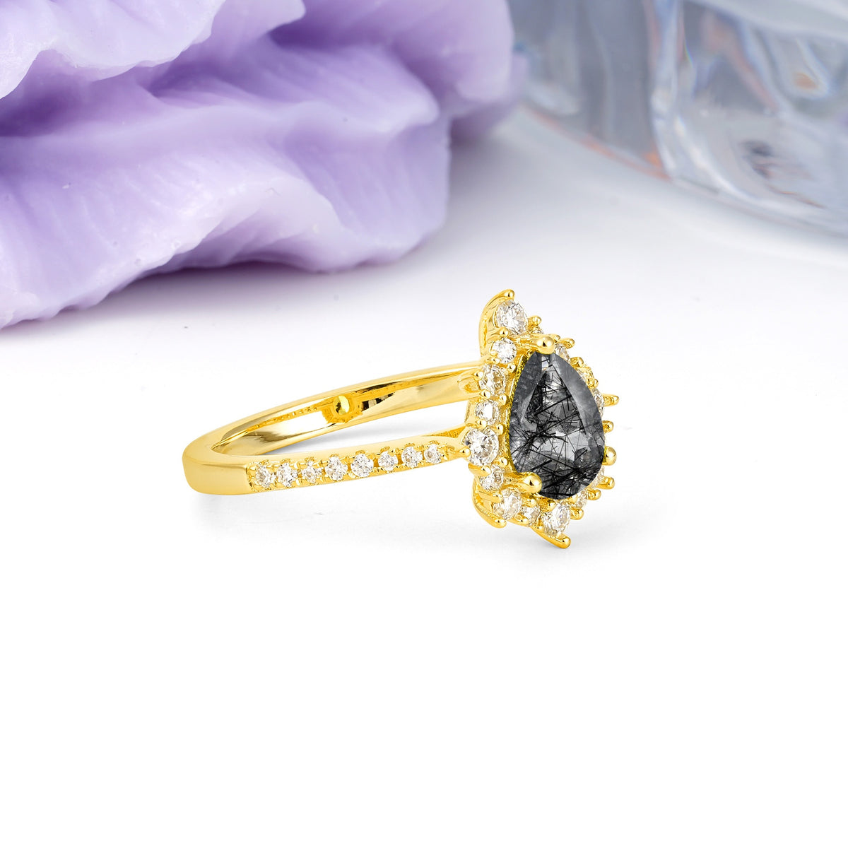 Classic Pavé-Set, Luxurious 3-Prong Pear-Cut Black Rutilated Quartz Engagement Ring - Additional view