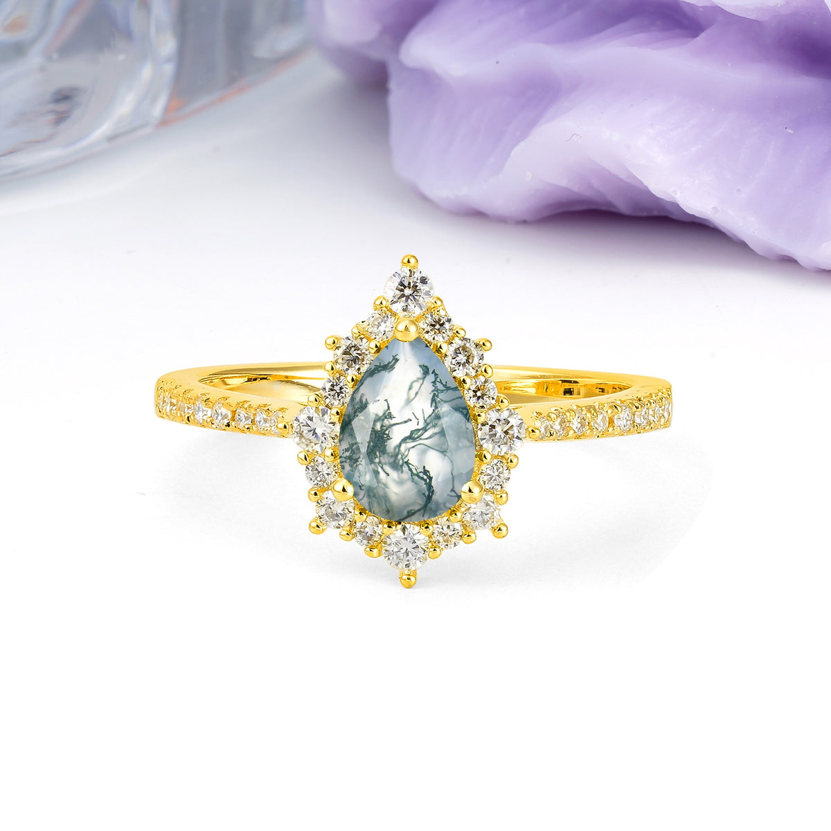 Classic Pavé-Set, Luxurious 3-Prong Pear-Cut Moss Agate Engagement Ring - Additional view