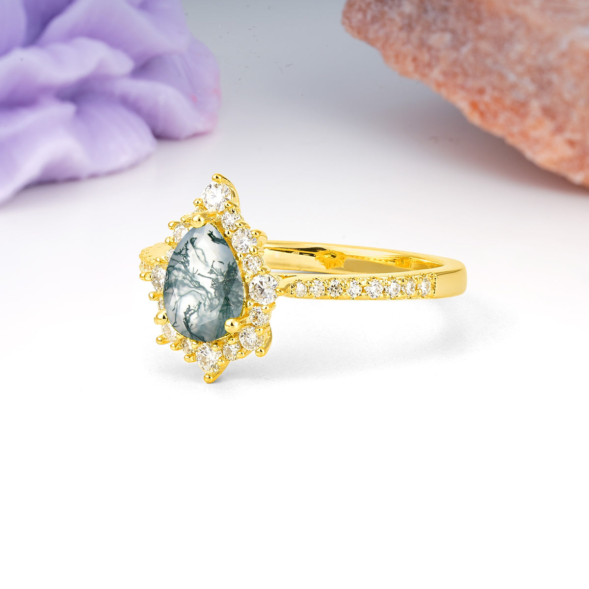 Classic Pavé-Set, Luxurious 3-Prong Pear-Cut Moss Agate Engagement Ring - Additional view