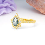 Classic Pavé-Set, Luxurious 3-Prong Pear-Cut Moss Agate Engagement Ring - Additional view