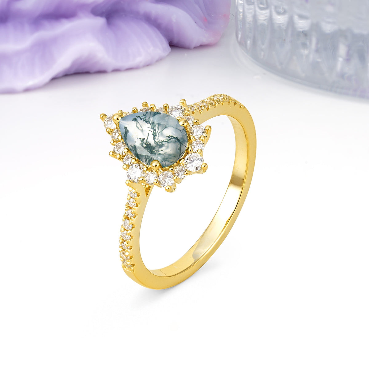 Classic Pavé-Set, Luxurious 3-Prong Pear-Cut Moss Agate Engagement Ring - Additional view